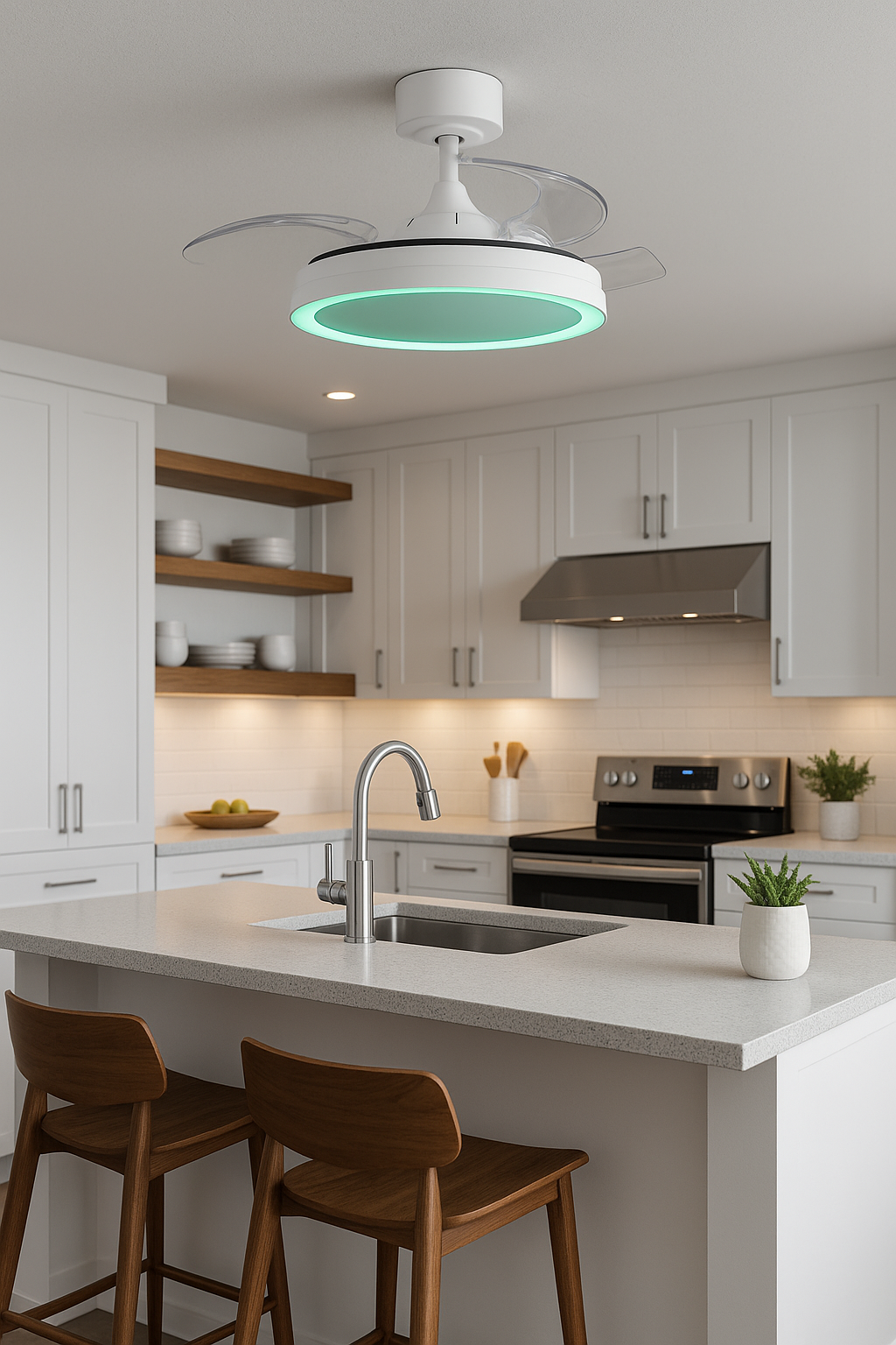 MeLiTec Deckenleuchte mit Ventilator, RGB Laufband, weiß, stufenlos dimmbar, automatisch ausklappbarer Ventilator, DV07 Drinnen, Küche, Innenarchitektur, Deckenventilator, Elektrisches Gerät,