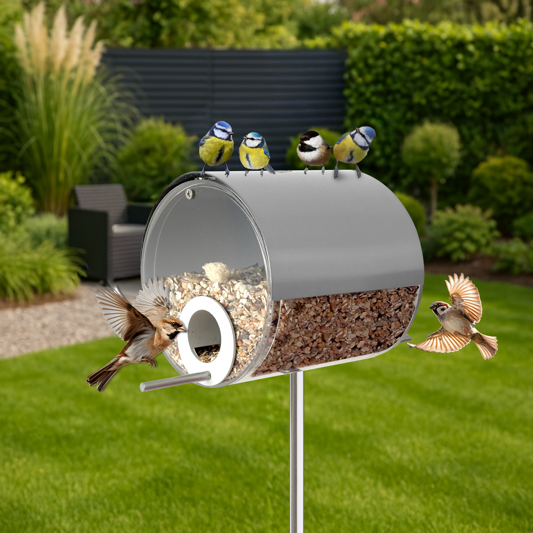 MeLiTec Vogelfutterstation mit Ständer, Vogelhaus VH10, Futterstation Edelstahl matt gebürstet, stehend, 150 cm Höhe, rund Ø14 cm, silber-matt MeLiTec Vogelfutterstation mit Ständer, Vogelhaus VH10, Futterstation Edelstahl matt gebürstet, stehend, 150 cm Höhe, rund Ø14 cm, silber-matt