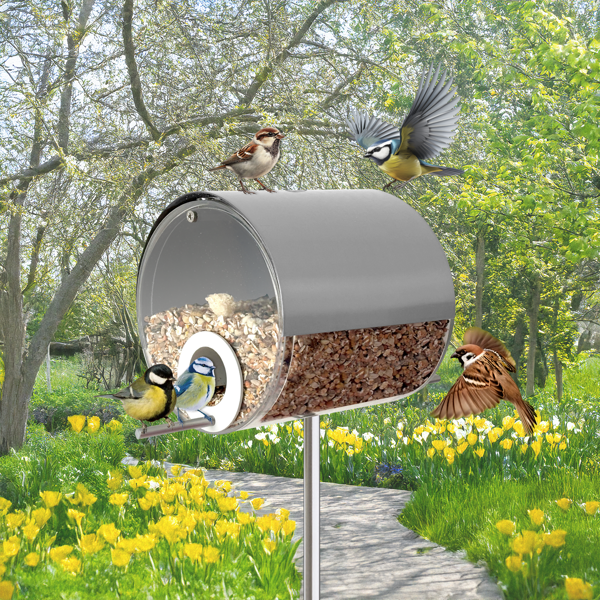 MeLiTec Vogelfutterstation mit Ständer, Vogelhaus VH10, Futterstation Edelstahl matt gebürstet, stehend, 150 cm Höhe, rund Ø14 cm, silber-matt MeLiTec Vogelfutterstation mit Ständer, Vogelhaus VH10, Futterstation Edelstahl matt gebürstet, stehend, 150 cm Höhe, rund Ø14 cm, silber-matt