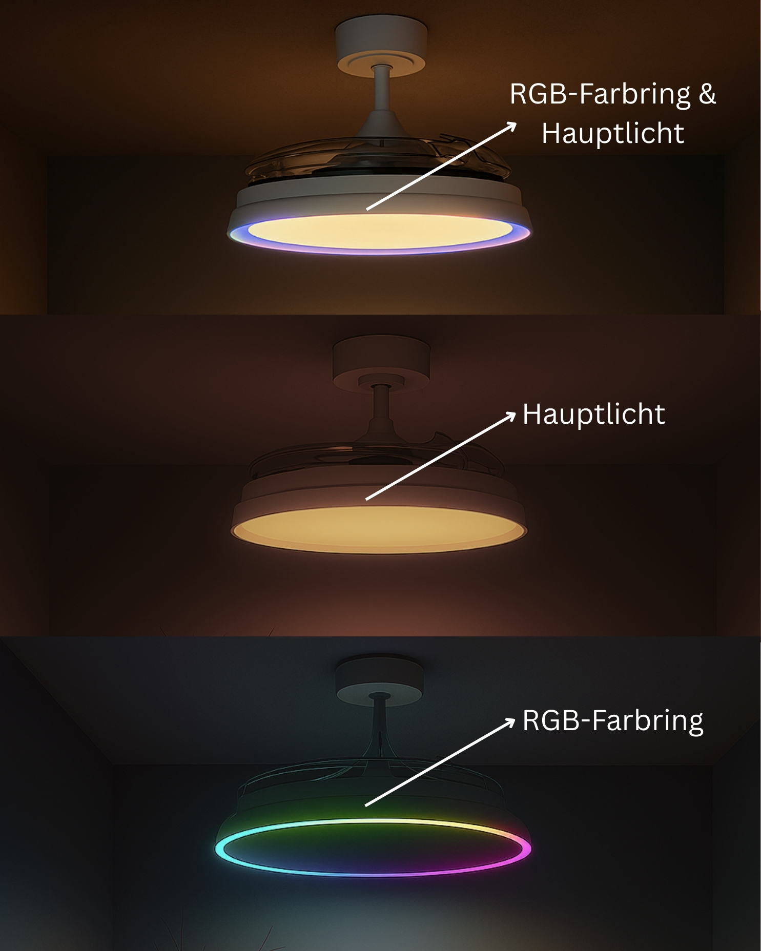 MeLiTec Deckenleuchte mit Ventilator, RGB Laufband, weiß, stufenlos dimmbar, automatisch ausklappbarer Ventilator, DV07 Beleuchtung, Deckenleuchte, Leuchte,
