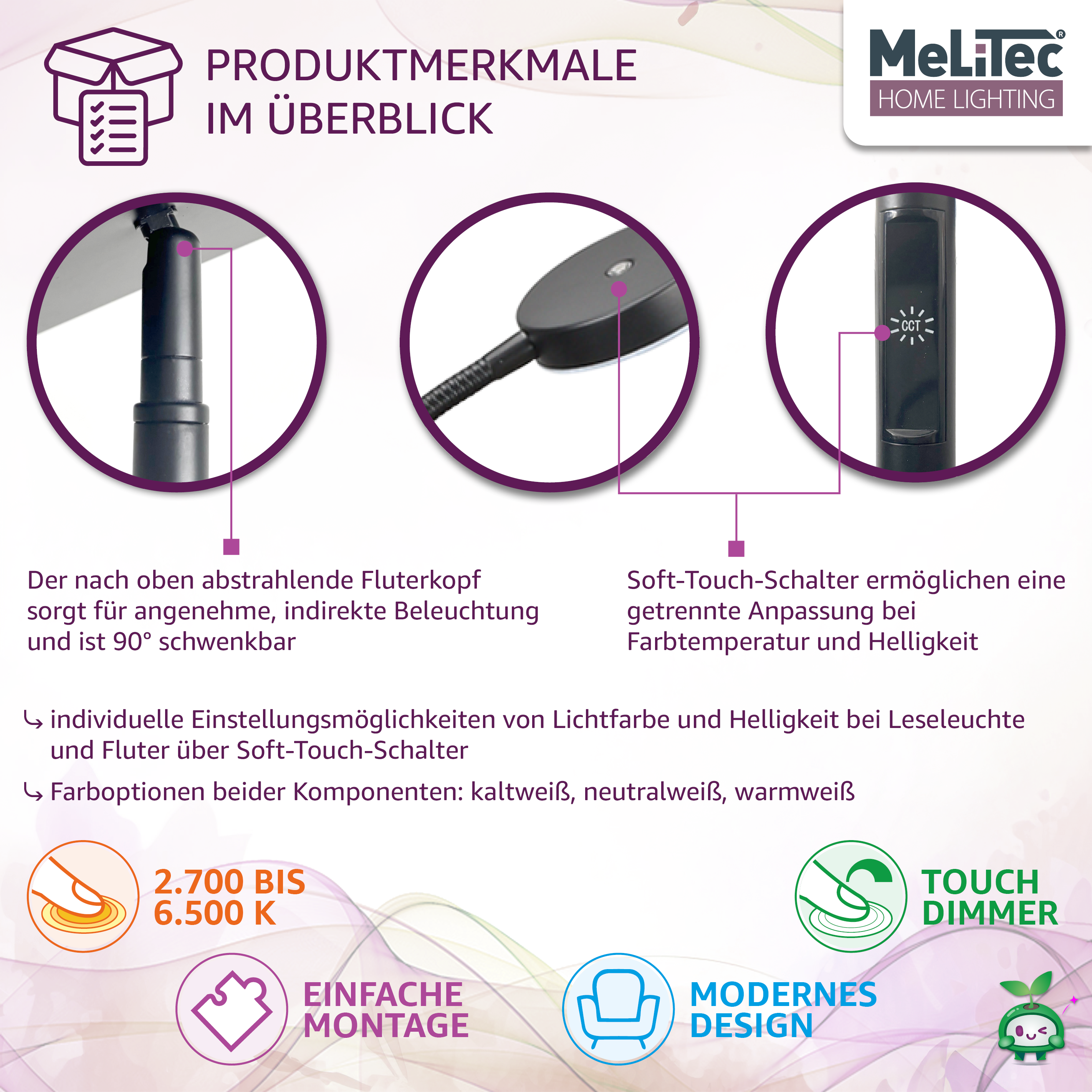 Deckenfluter mit Leseleuchte, schwarz, rund, ST58-1, MeLiTec Werbung, Plakat, Adapter, Elektronik, mikrofon,